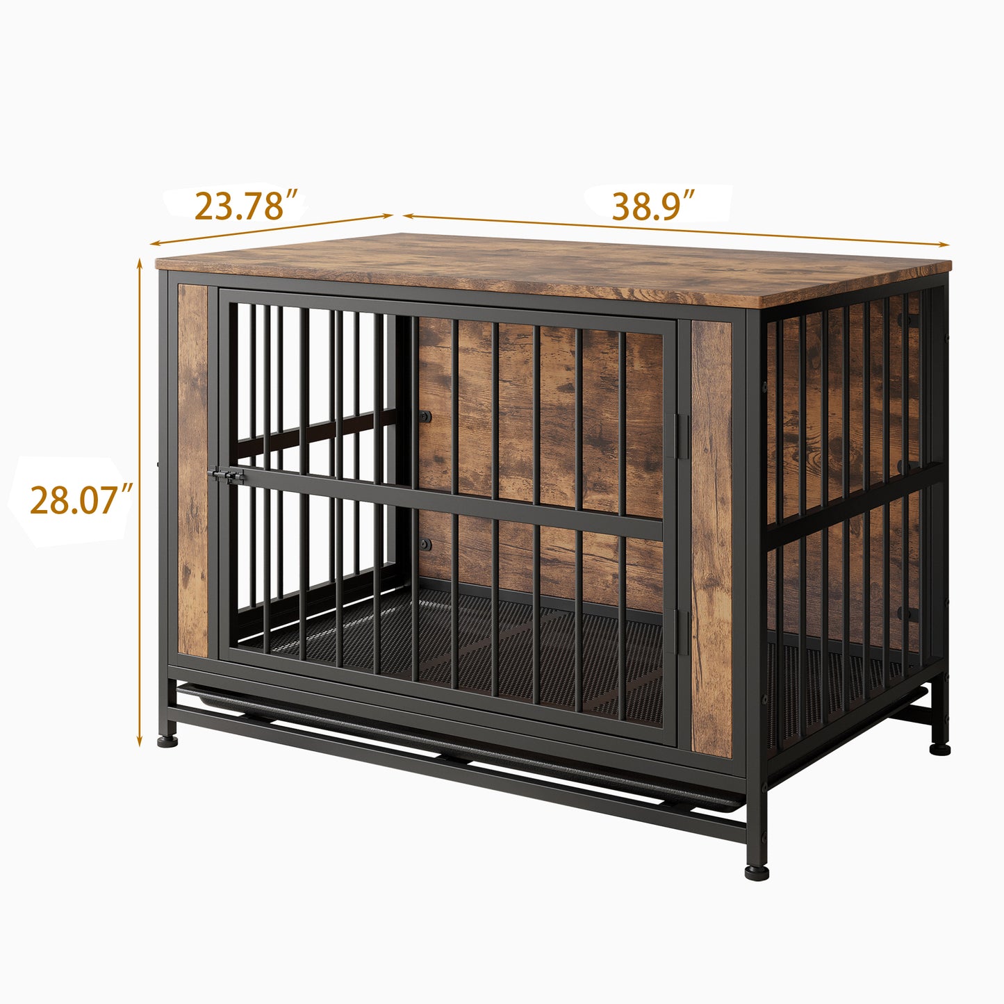 Rustic wood and black metal dog crate with hinged door and spacious interior for dogs