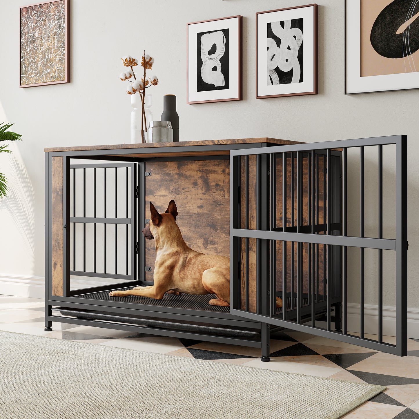 Rustic wood and metal dog crate end table with spacious interior for a large dog