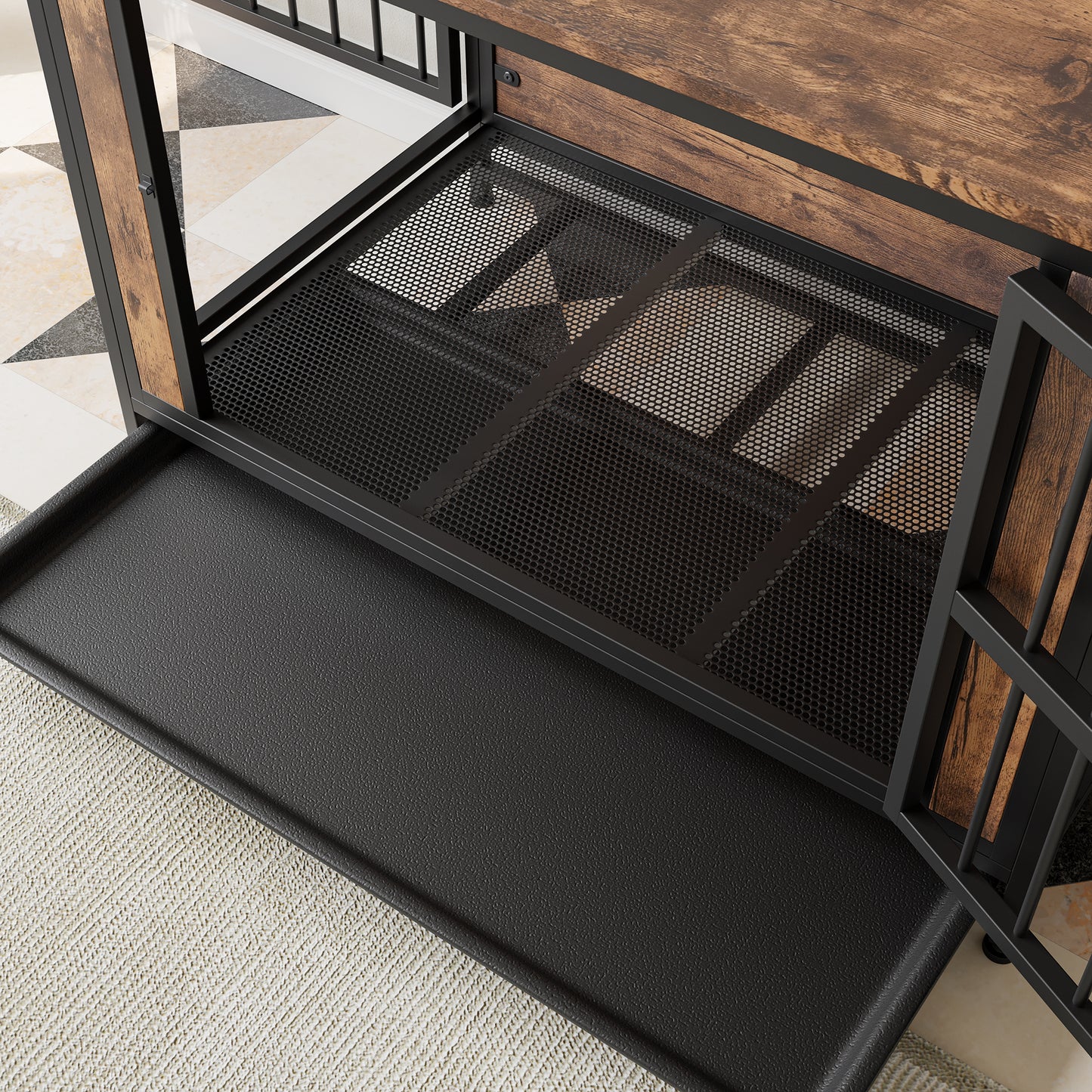 Rustic wood and black metal dog crate with slideout tray for easy cleaning