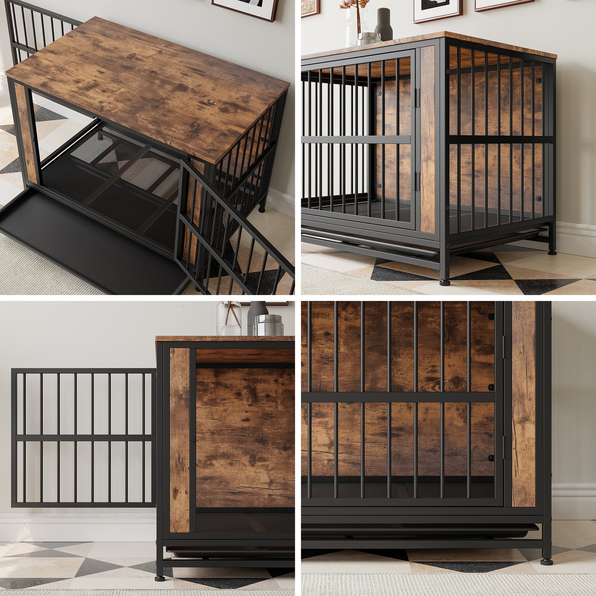 Rustic wood and black metal dog crate with pullout tray and two levels