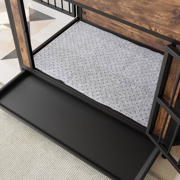 Wooden dog crate with removable black tray and textured floor mat