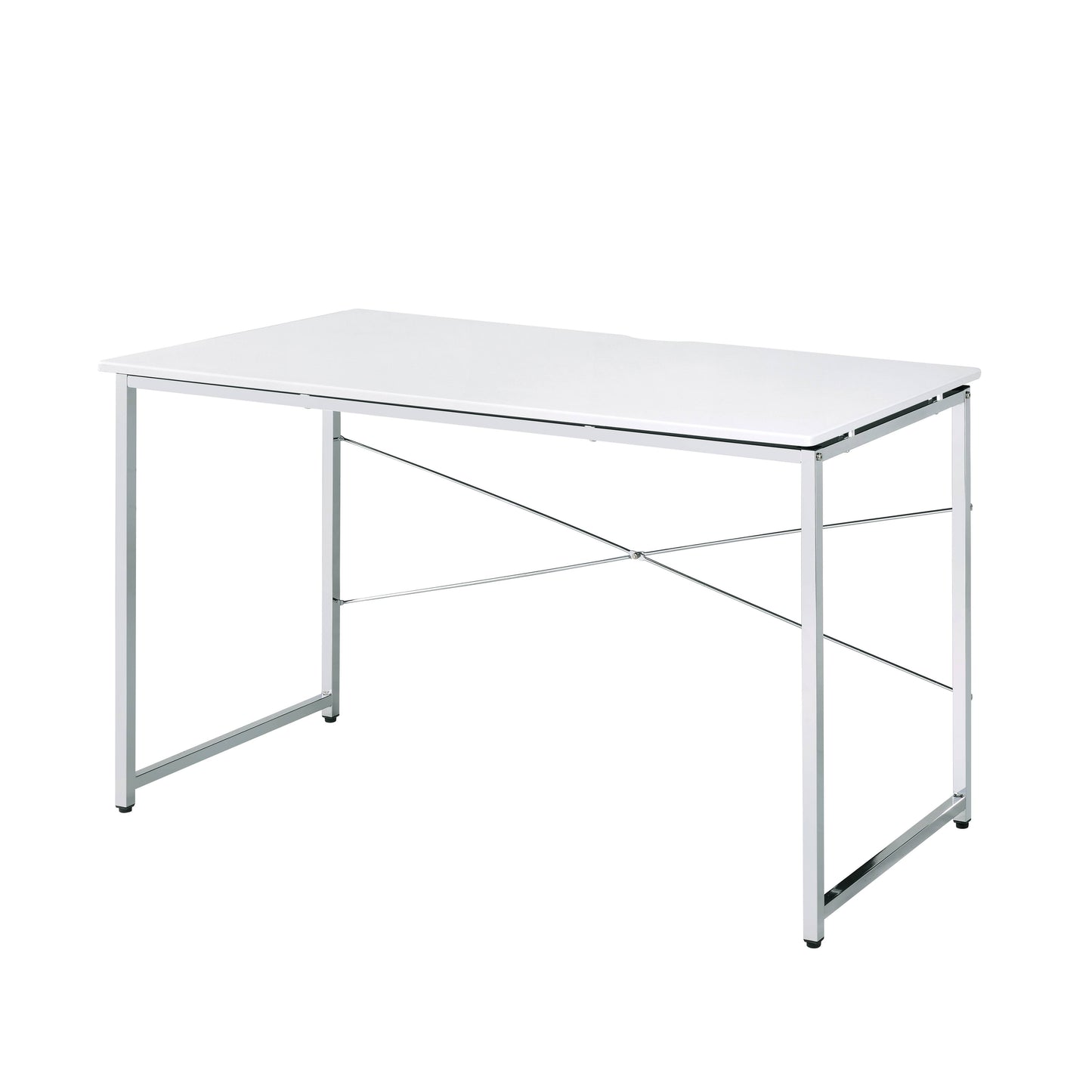 Minimalist white desk with a sleek metal frame for modern home offices