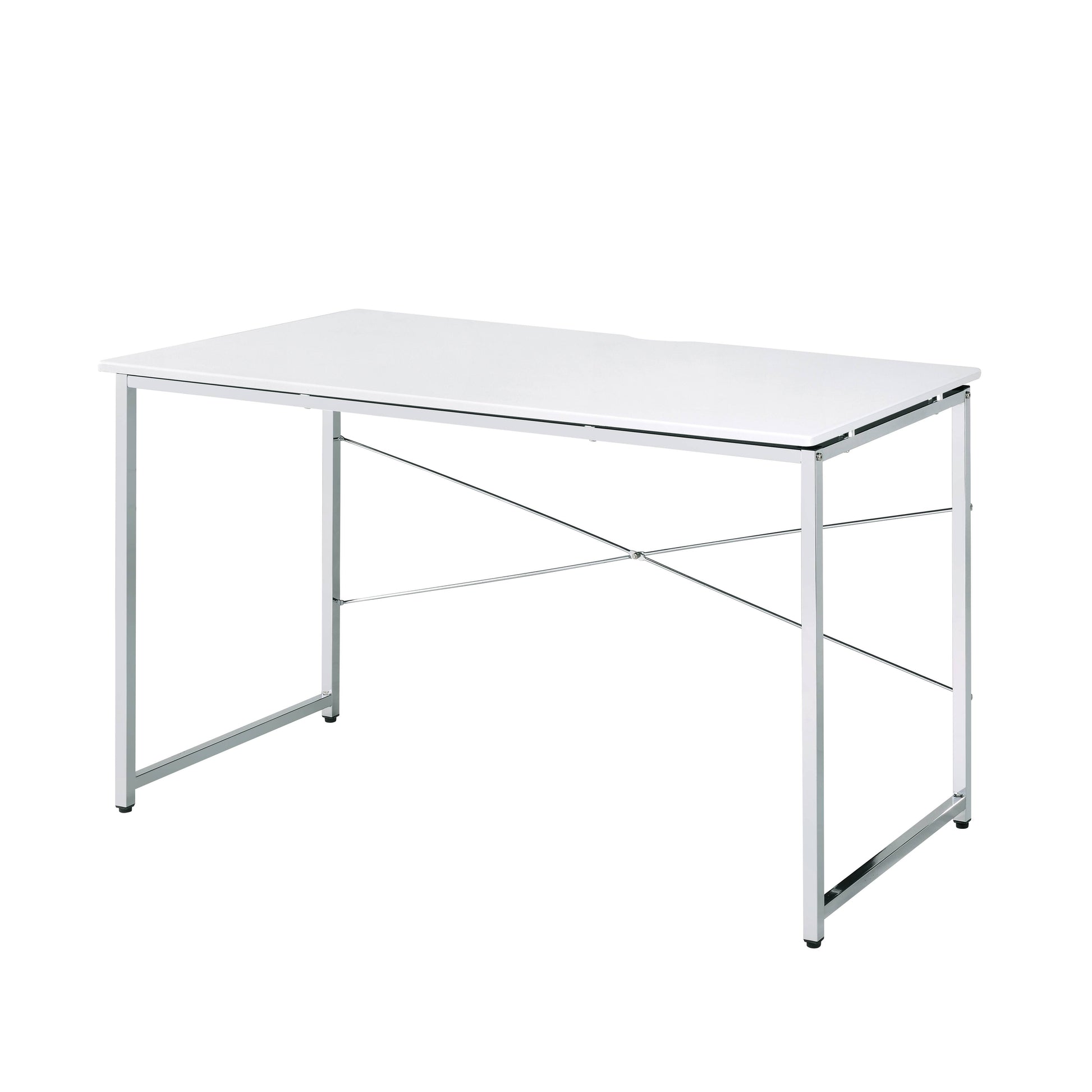 Minimalist white desk with a sleek metal frame for modern home offices