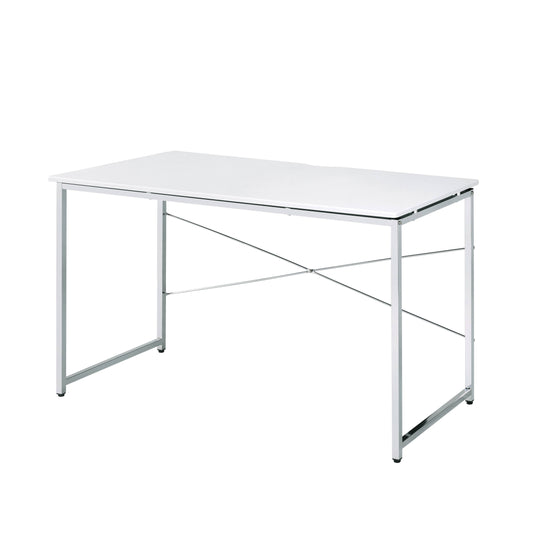 Minimalist white desk with a sleek metal frame for modern home offices