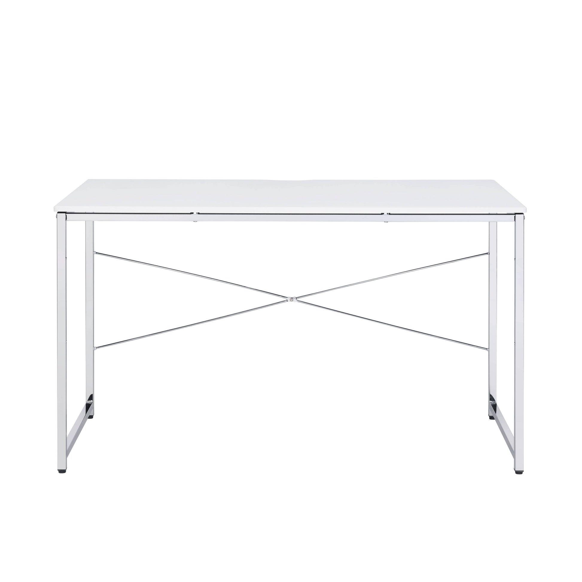 Modern white rectangular dining table with polished chrome Xframe legs