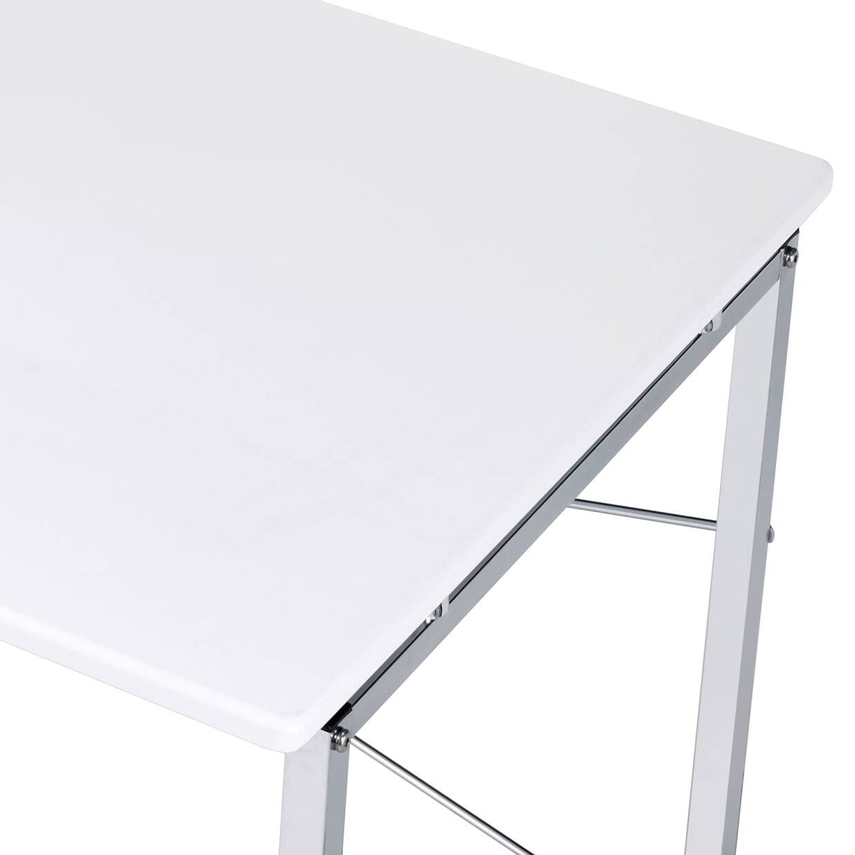 White laminate table with polished chrome legs perfect for modern dining rooms