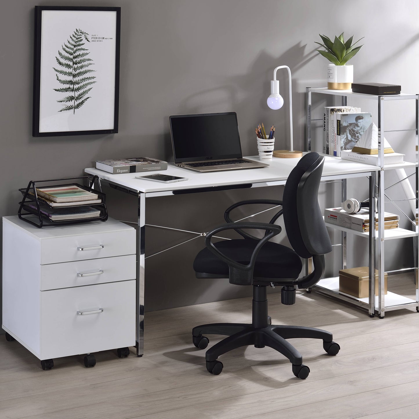White rolling filing cabinet with chrome handles and three drawers for office organization