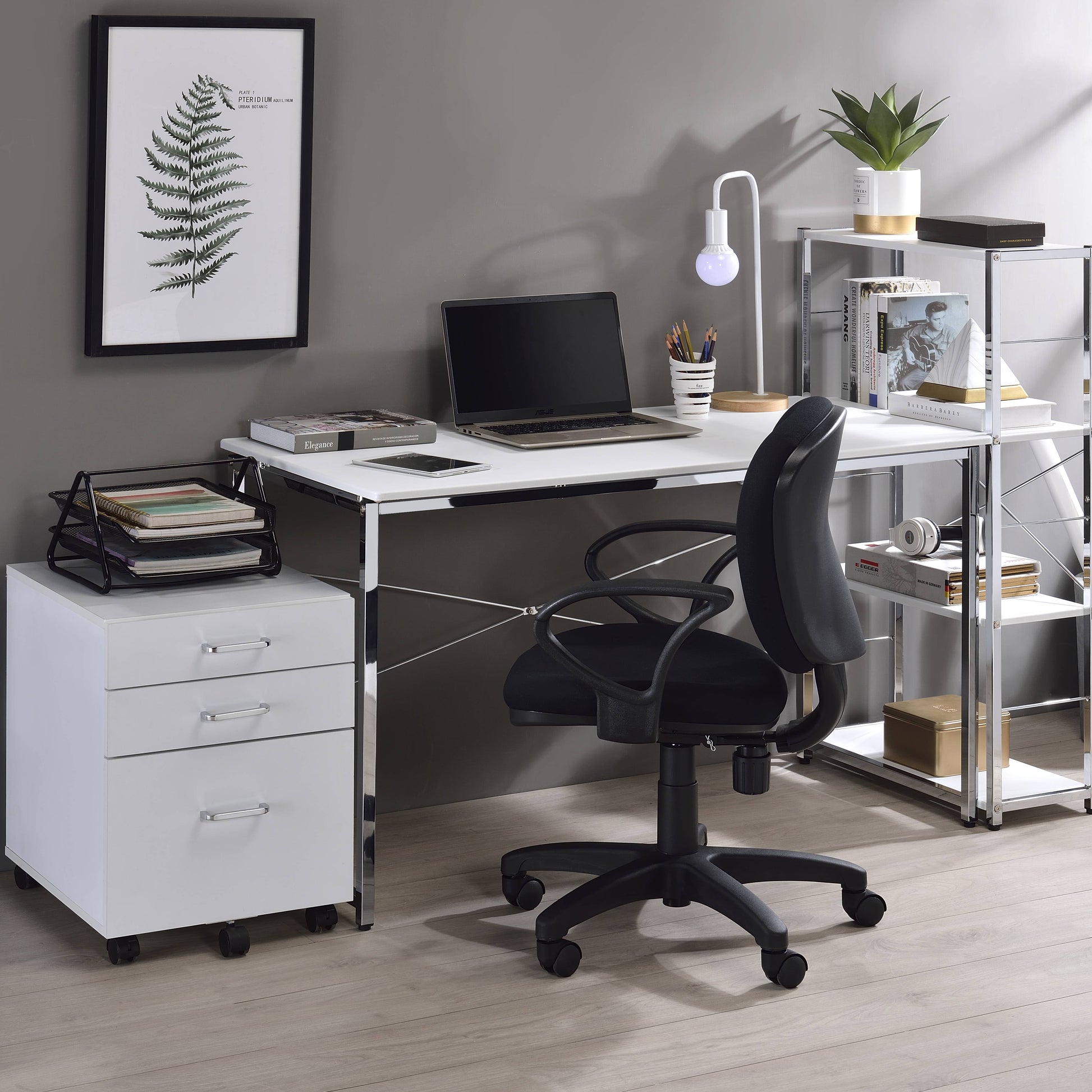 White rolling filing cabinet with chrome handles and three drawers for office organization