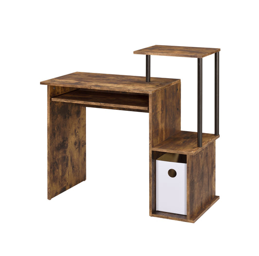 Compact rustic wood computer desk with builtin keyboard tray and shelves