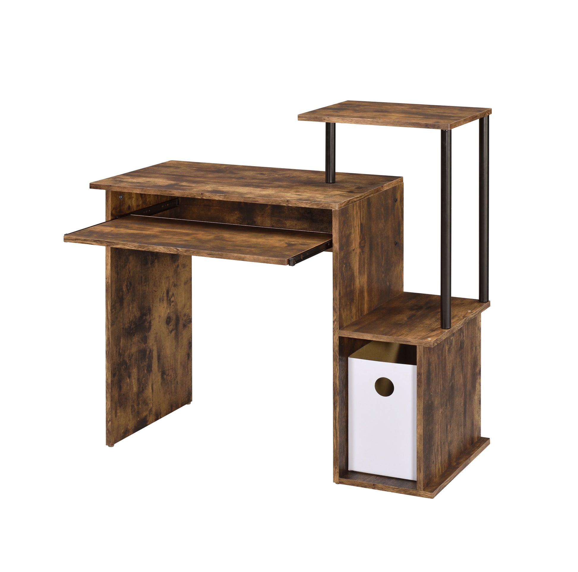 Rustic brown wooden computer desk with pullout keyboard tray and storage shelves