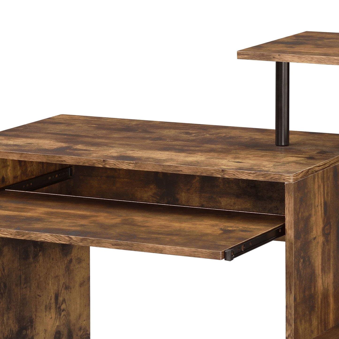 Rustic brown wood grain computer desk with pullout keyboard tray and riser shelf