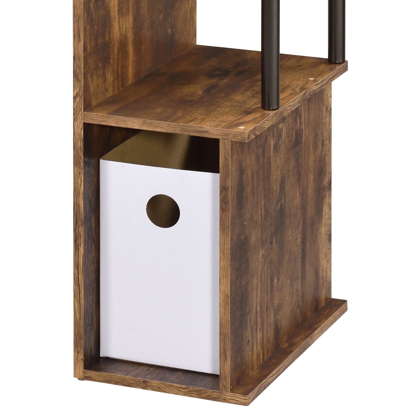 Rustic brown wood shelf unit with black metal supports and a white storage bin