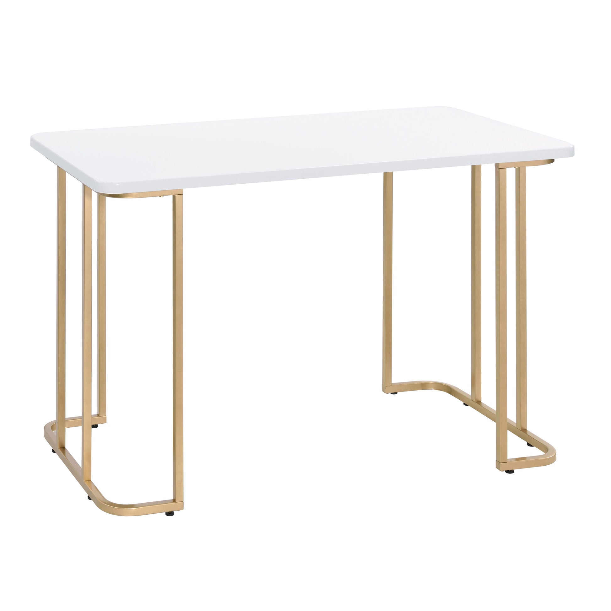 White rectangular desk with gold metal legs and a modern design
