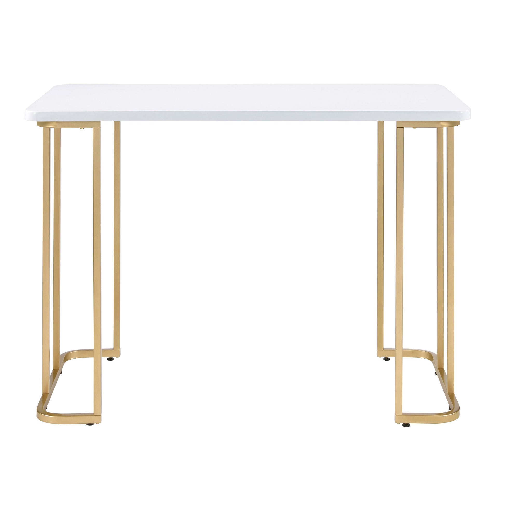 Sleek white marble top console table with contemporary gold metal legs