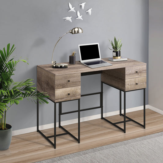 Rustic oak writing desk with black metal legs and four drawers