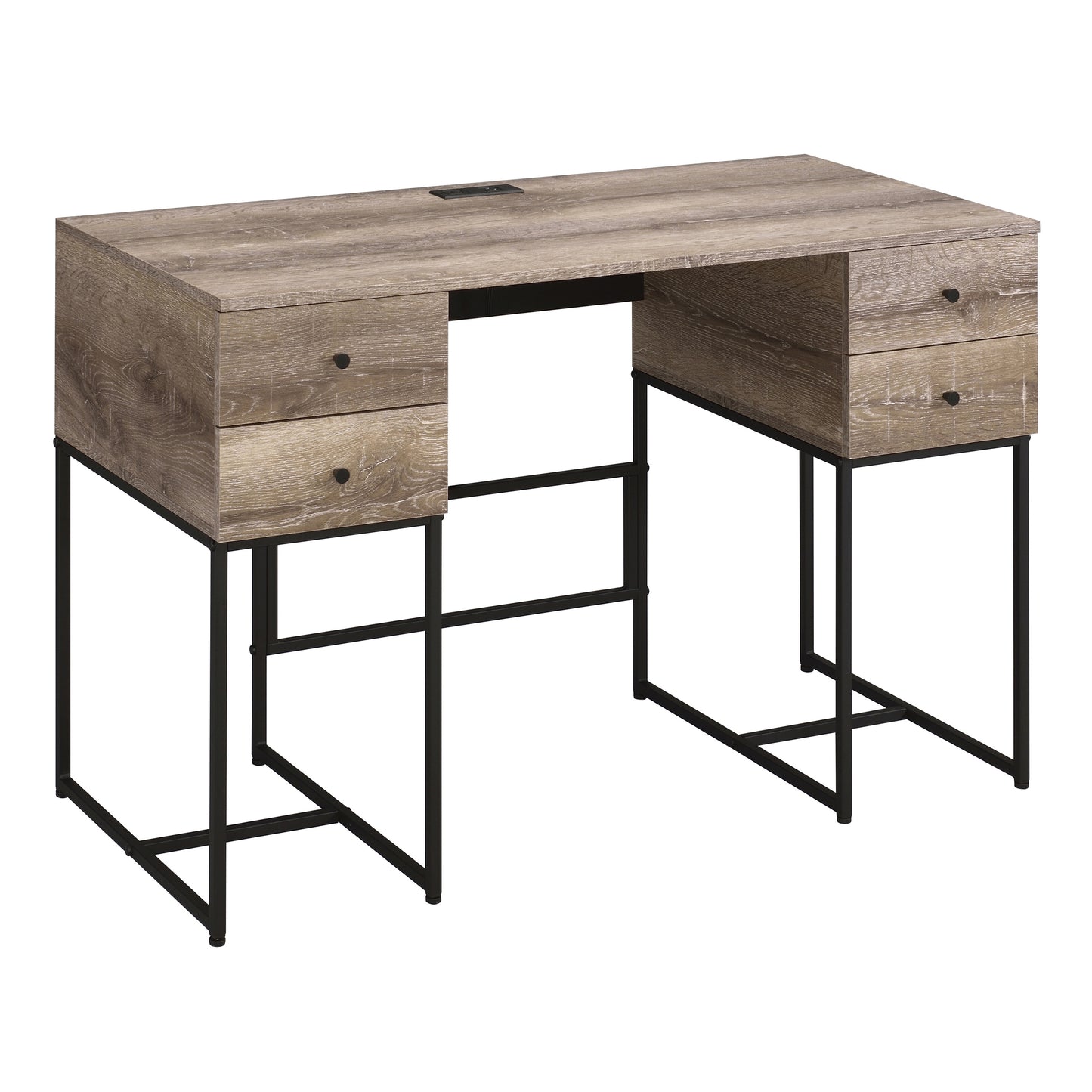Rustic oak veneer desk with builtin power outlet and black metal legs