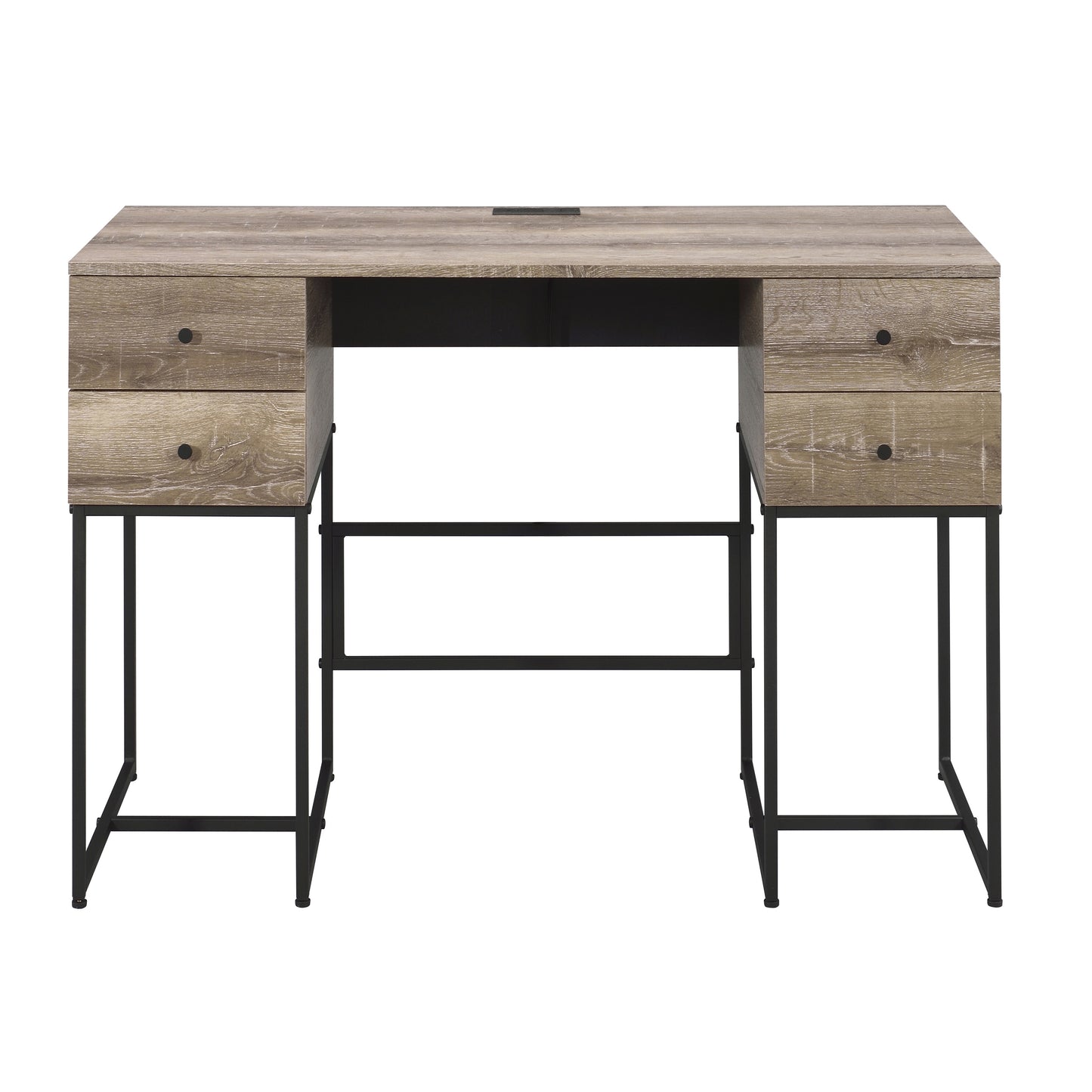 Rustic oak veneer desk with four drawers and black metal frame