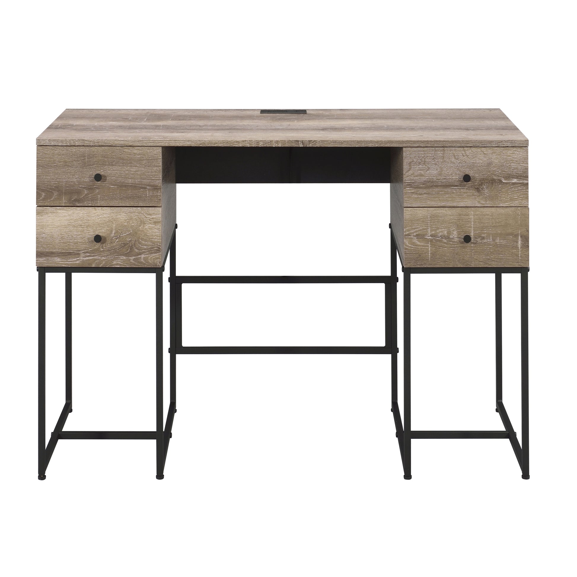 Rustic oak veneer desk with four drawers and black metal frame