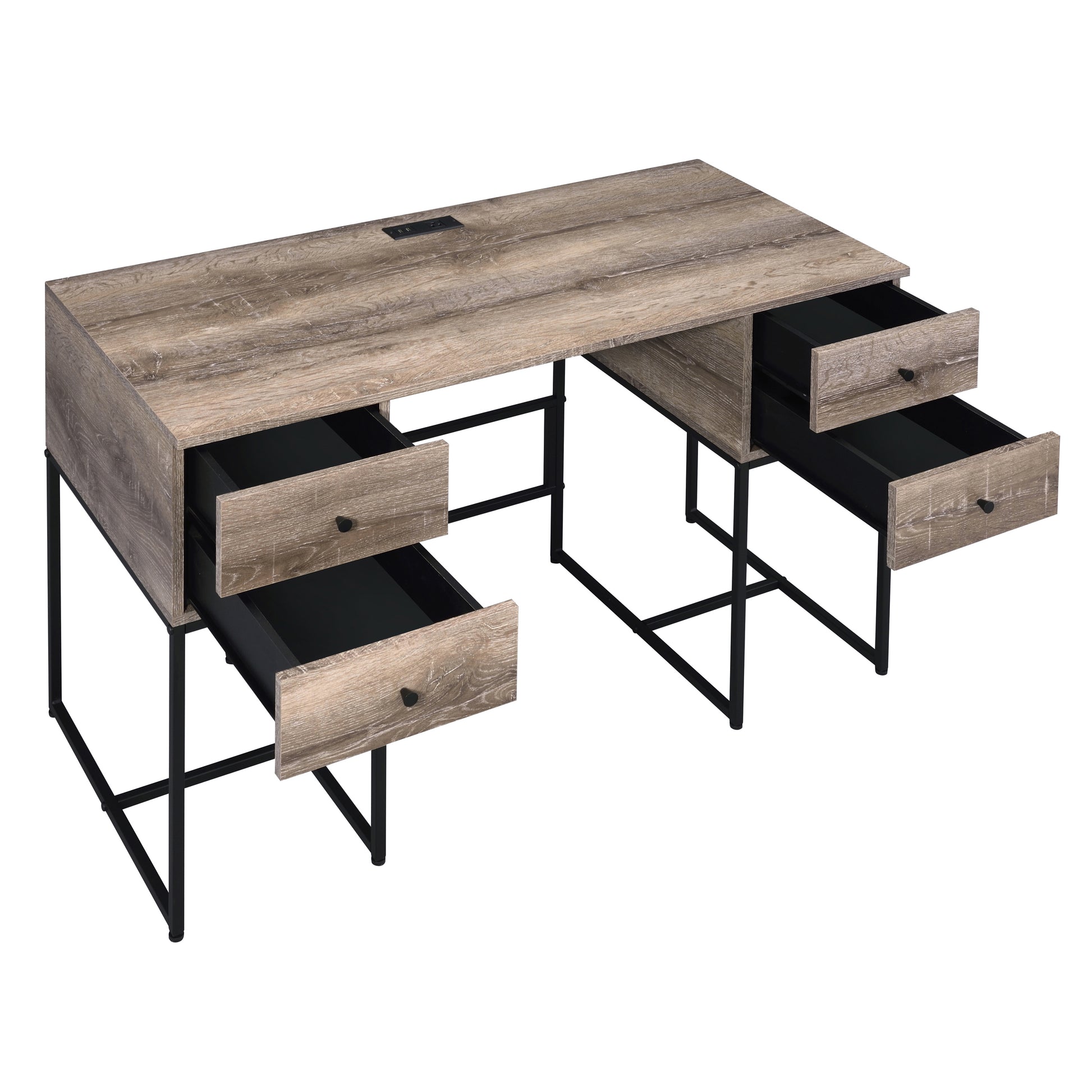 Rustic oak finish desk with four drawers and builtin power outlet