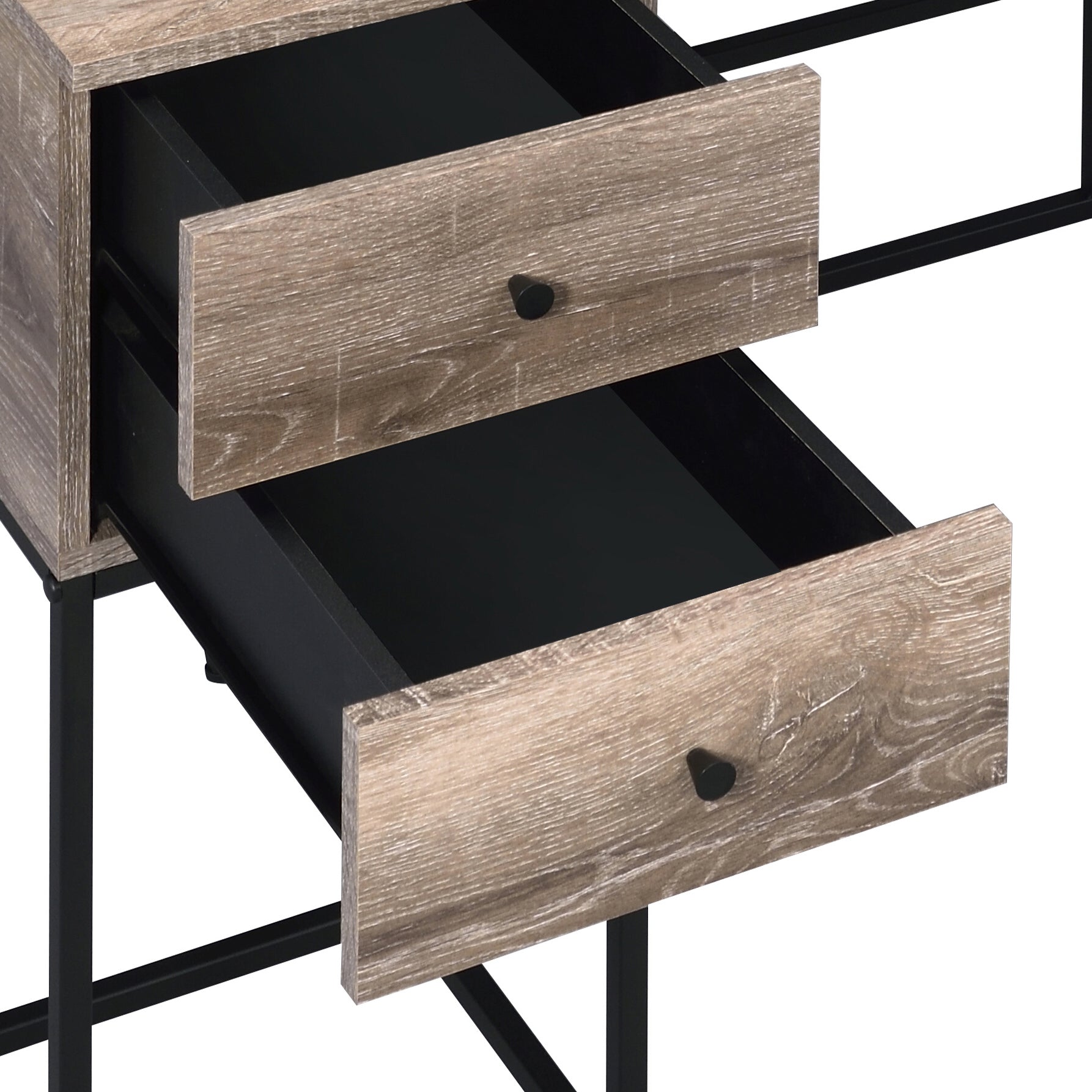 Rustic oak veneer nightstand with two drawers and black metal frame