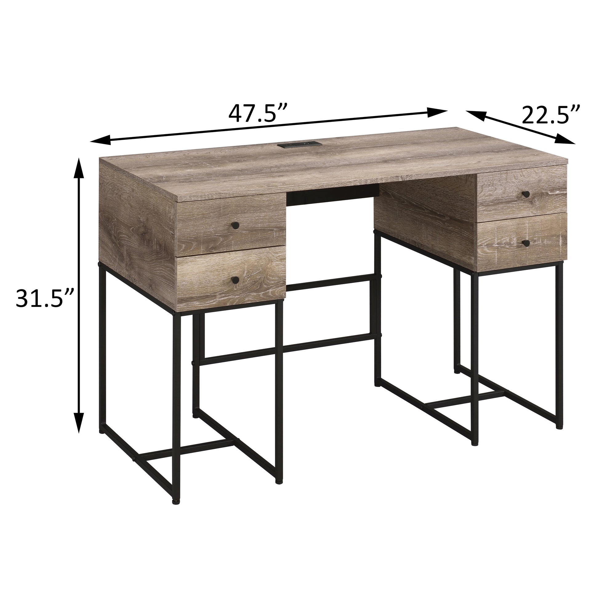 Rustic brown wood desk with black metal legs featuring two drawers on each side