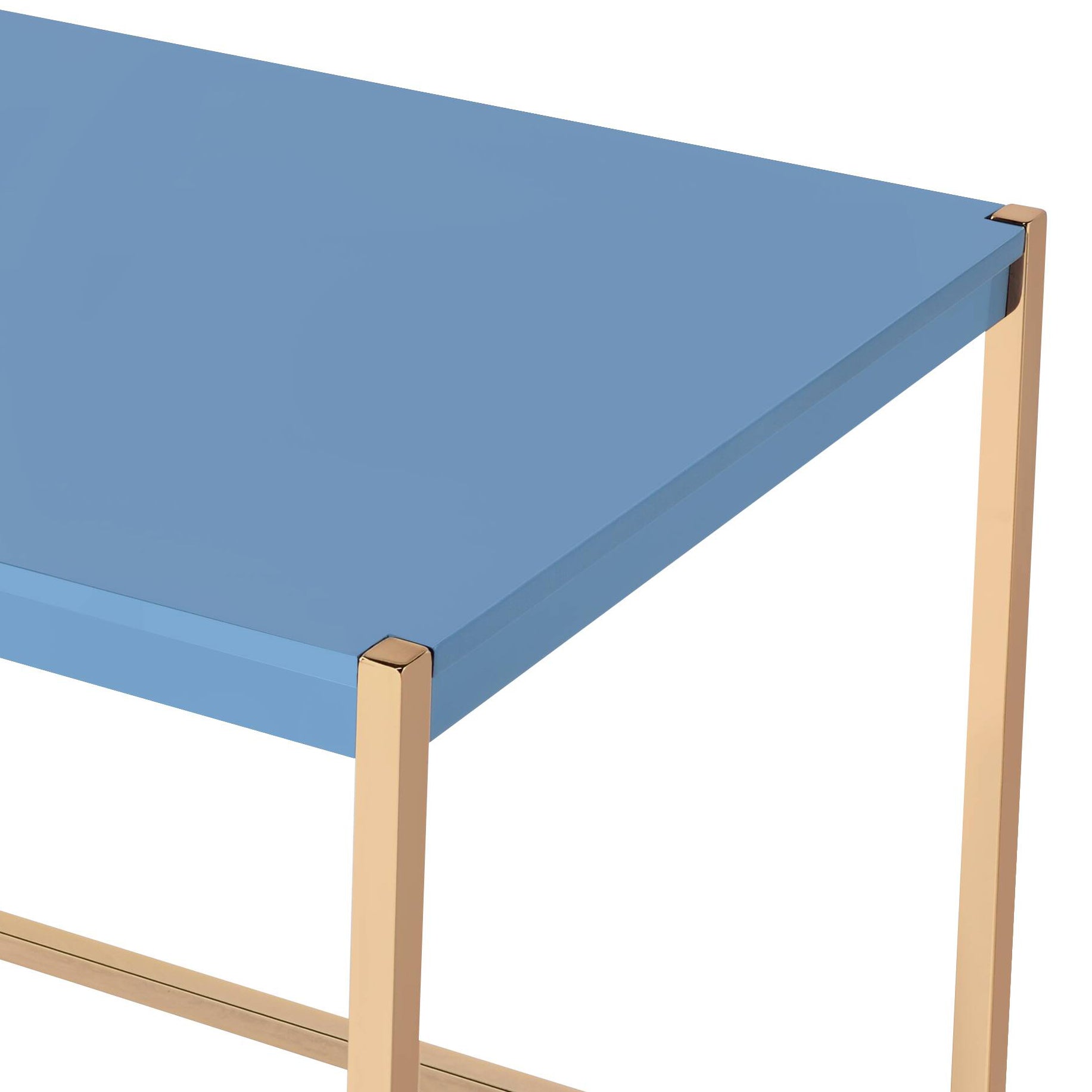 Blue console table with gold metal legs and a polished finish