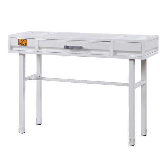 Minimalist white console table with one drawer and open shelving ideal for entryways