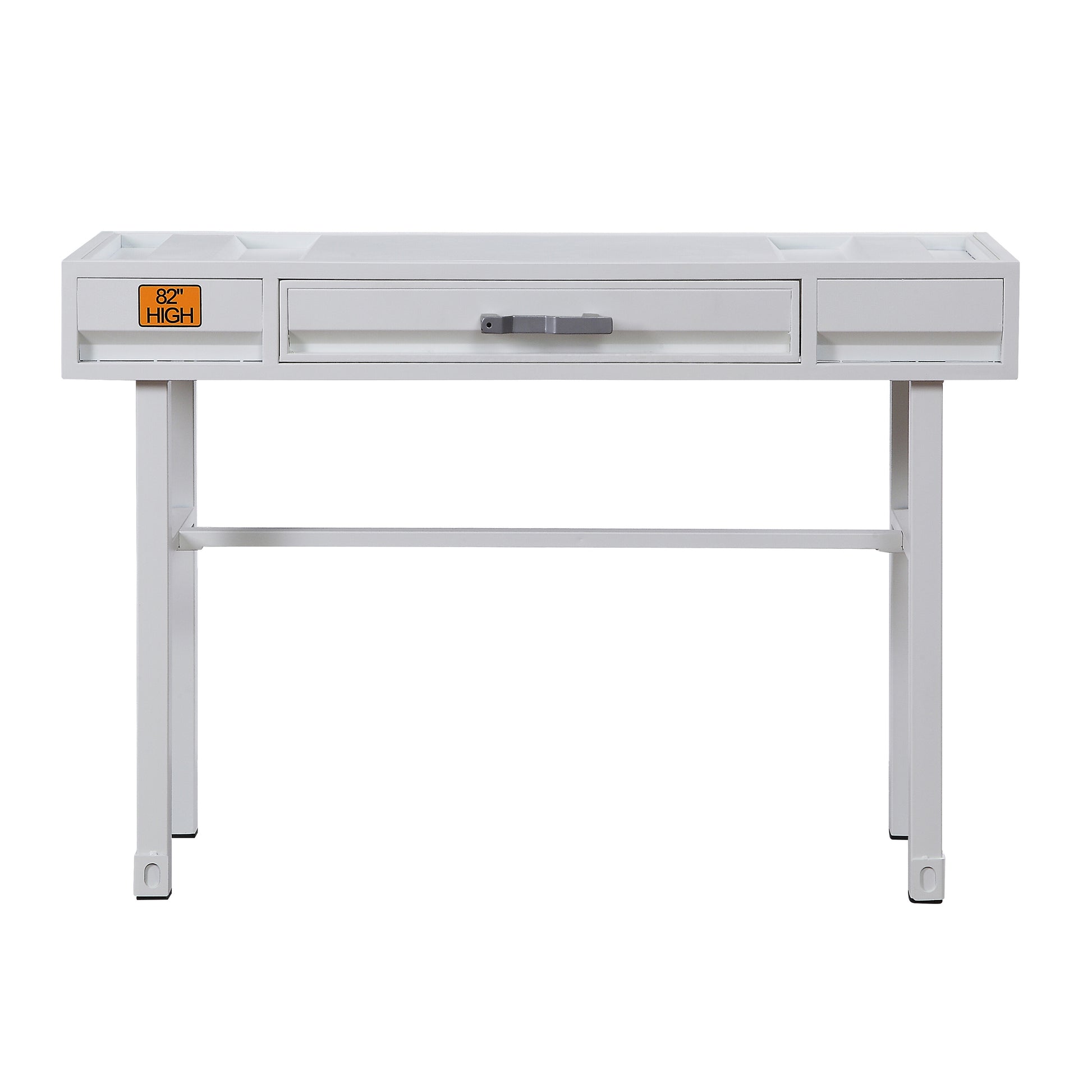 White metal desk with a central drawer and open compartments for storage
