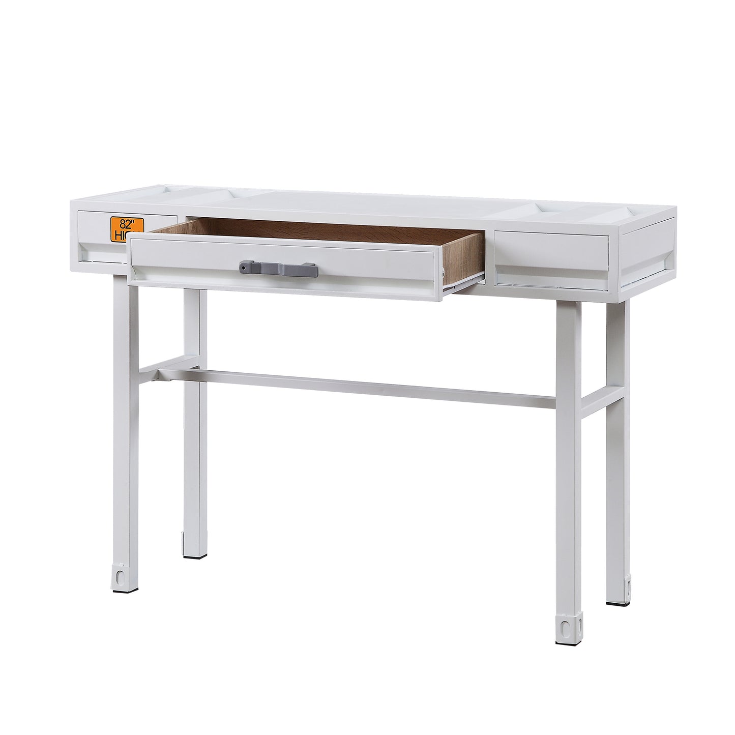 White modern metal console table with one open drawer and silver handle