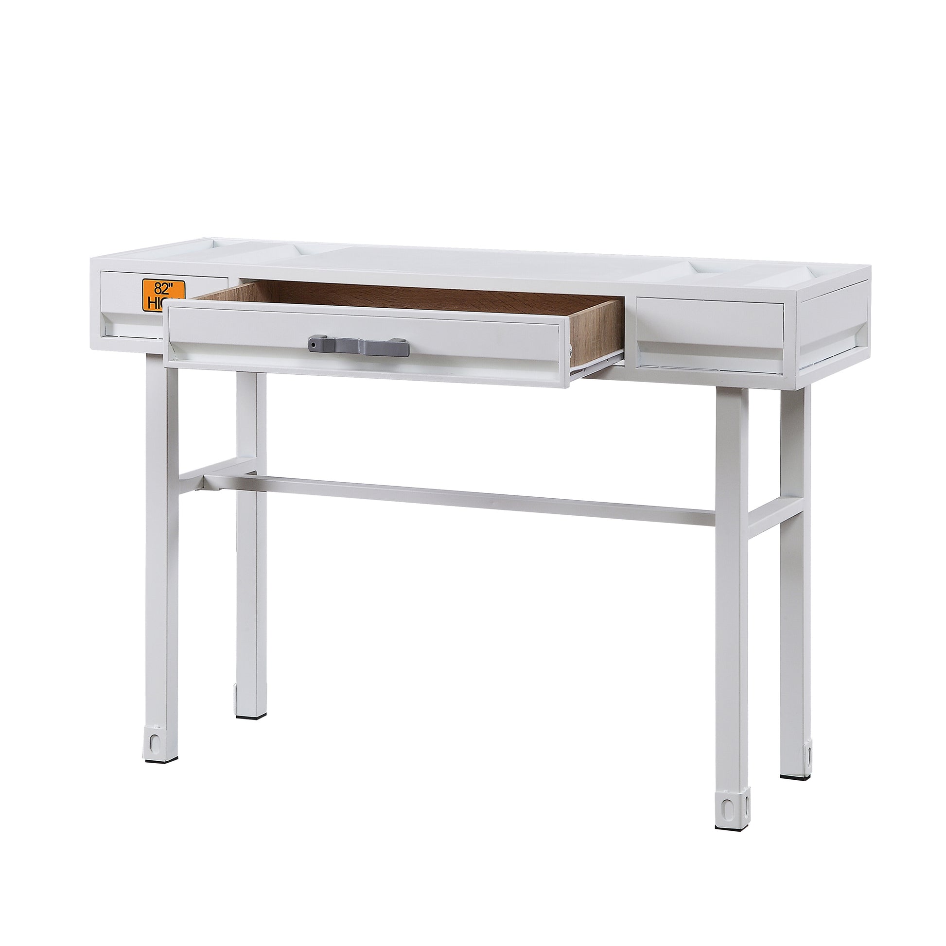 White modern metal console table with one open drawer and silver handle