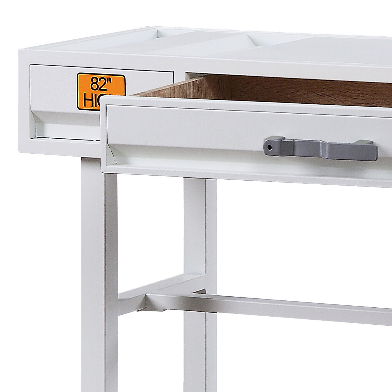 White metal desk with an open drawer and silver handle  height tag