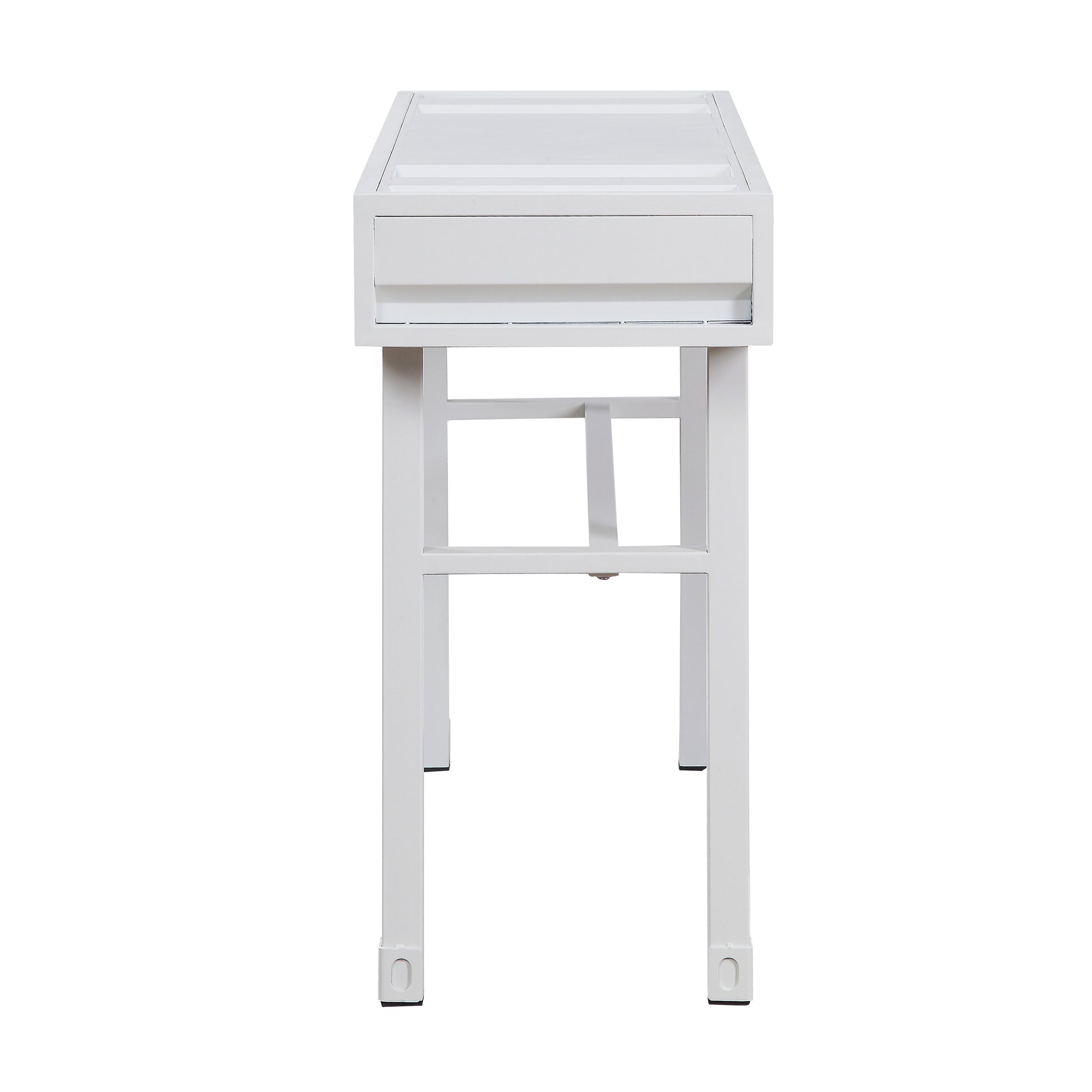 Minimalist white console table with single drawer and sleek metal frame
