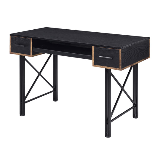 Black metal desk with two drawers and a pullout keyboard tray