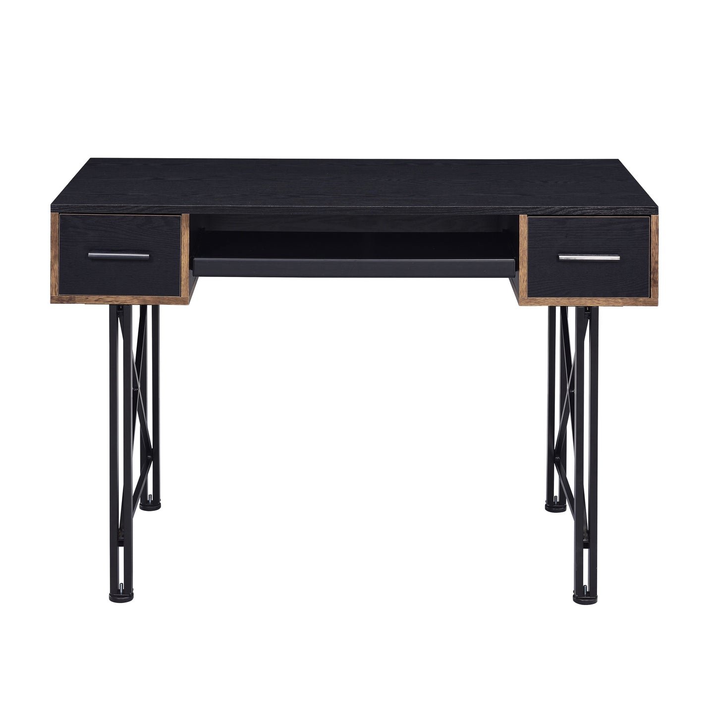 Black wooden writing desk with two drawers and metal legs