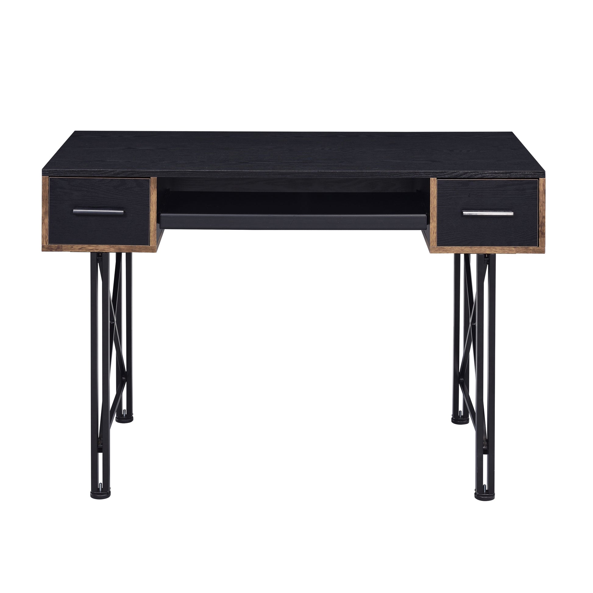Black wooden writing desk with two drawers and metal legs