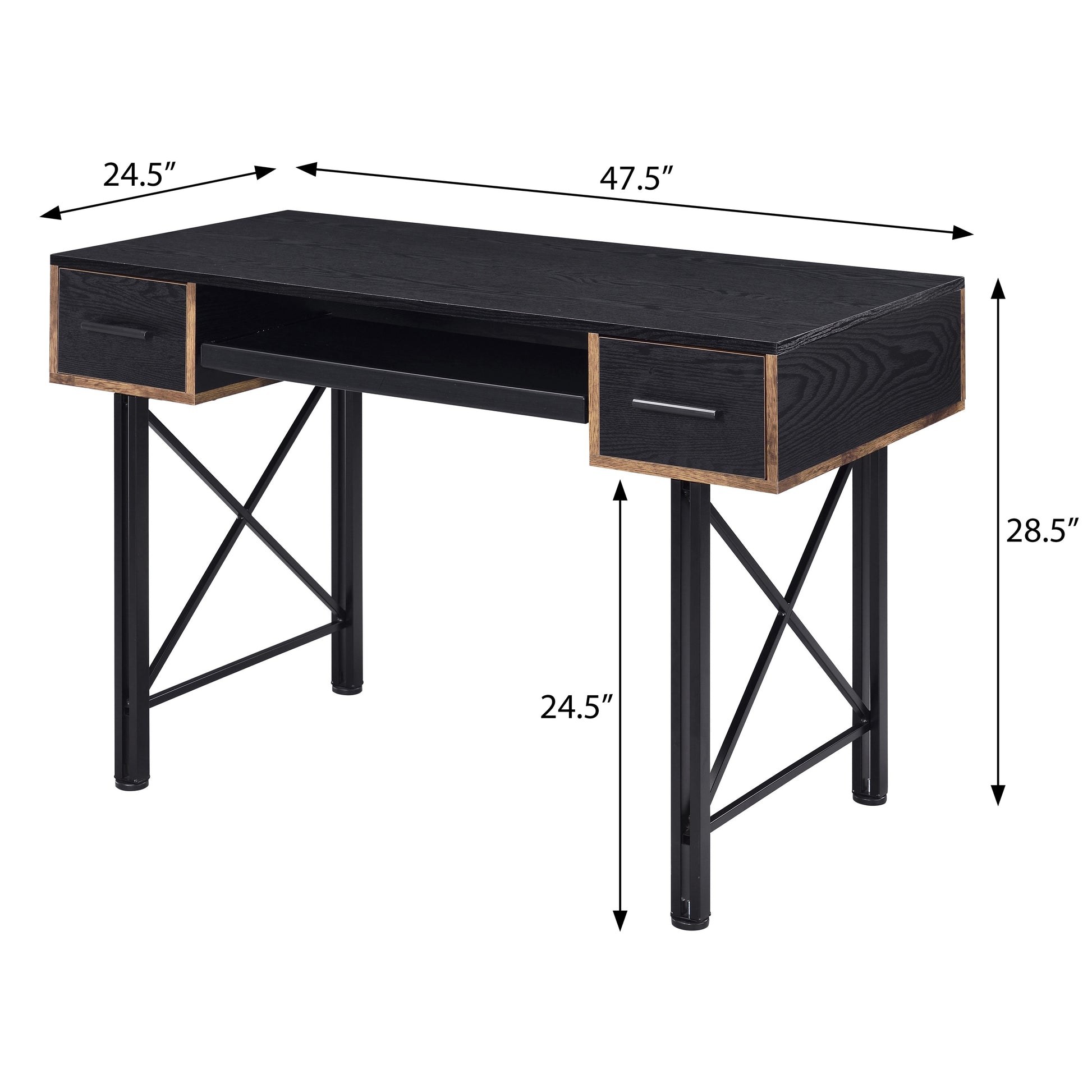 Black oak veneer desk with two drawers and metal legs  inches wide