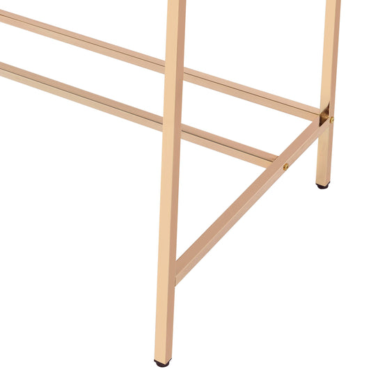 Gold metal desk legs with black floor protectors on white background