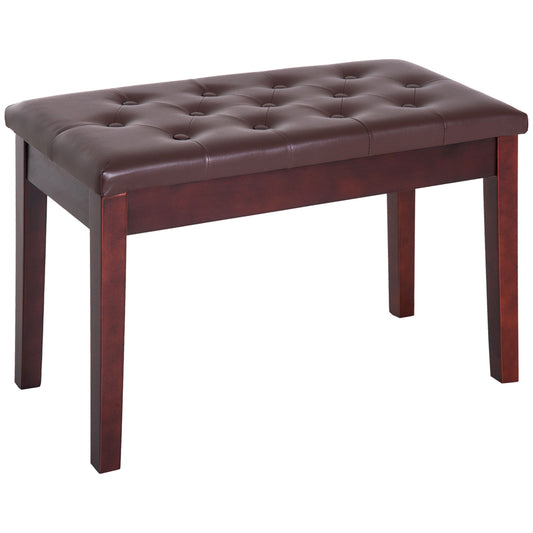 Tufted dark brown faux leather vanity stool with wooden legs