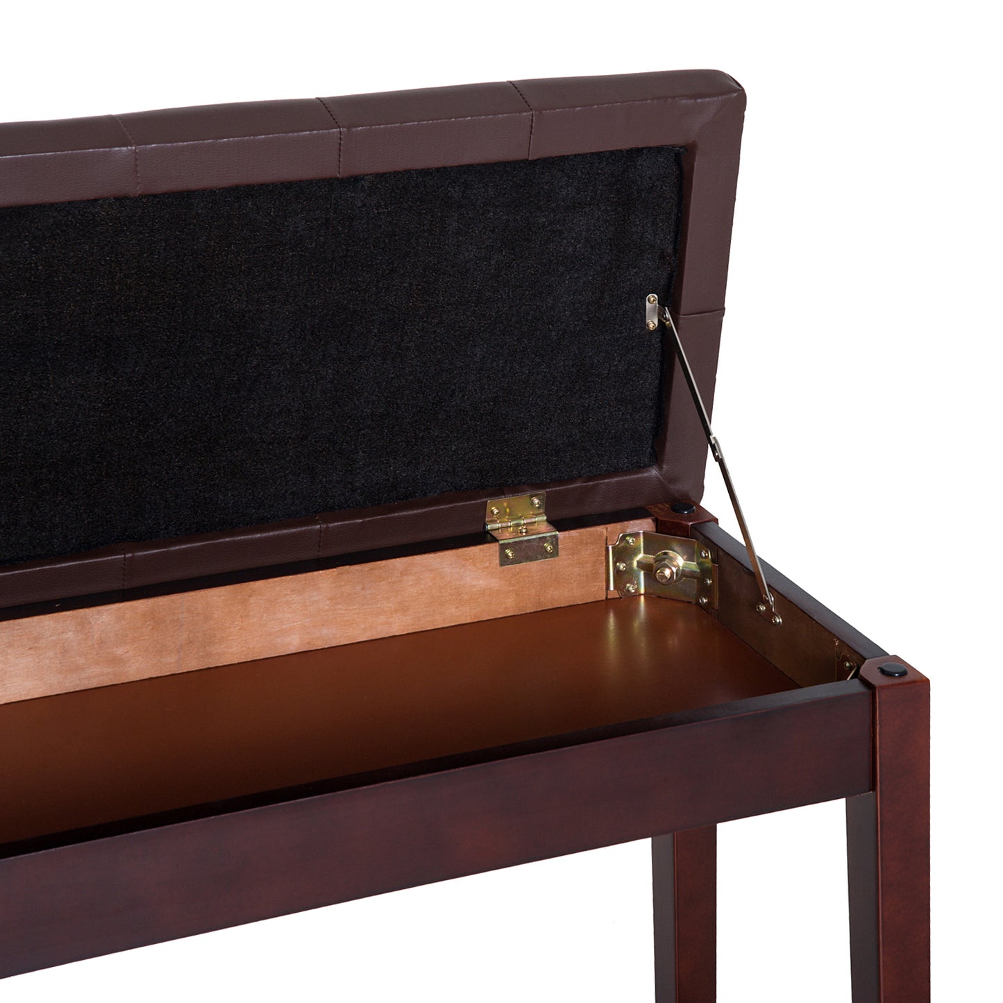 Brown faux leather tufted piano bench with storage