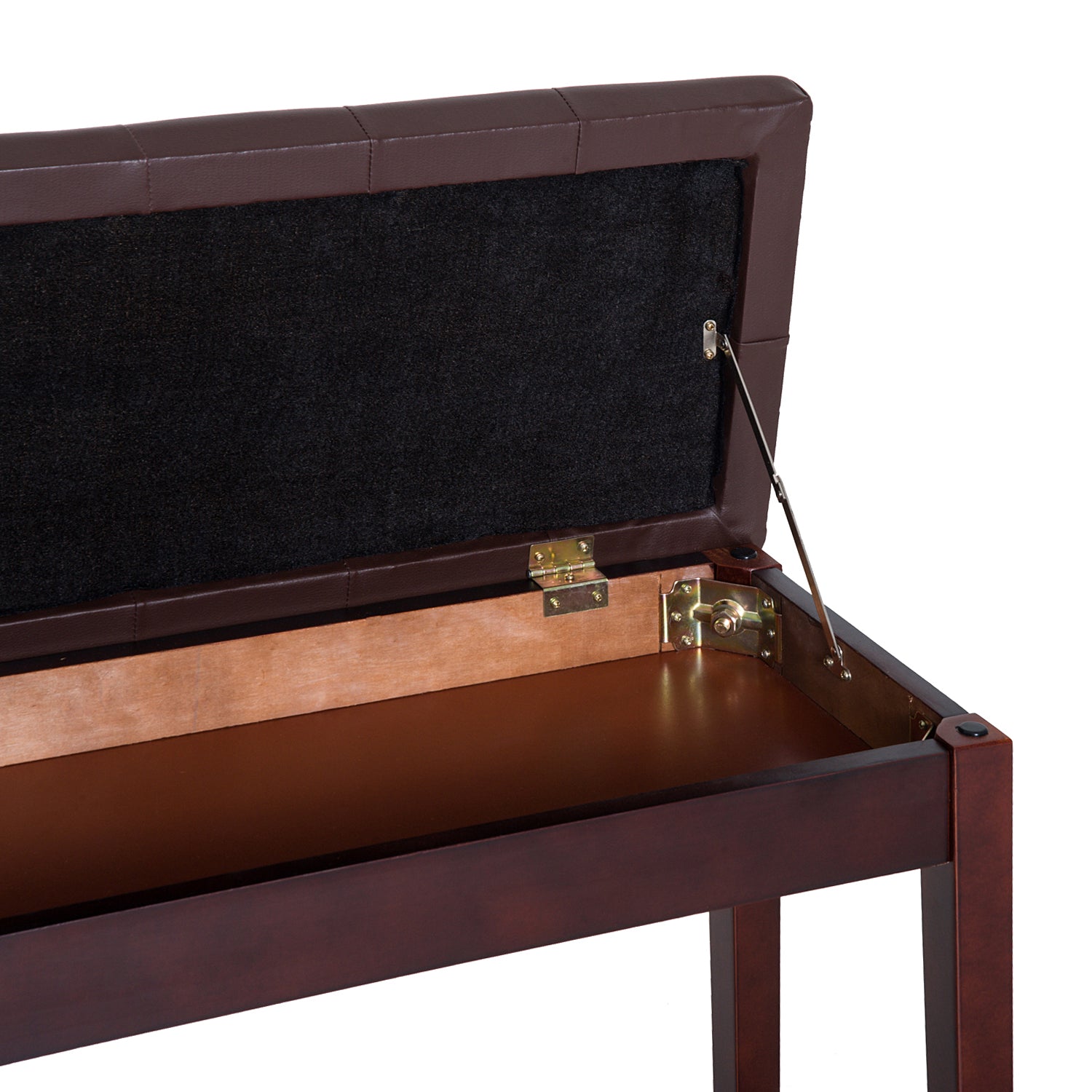 Brown faux leather tufted piano bench with storage
