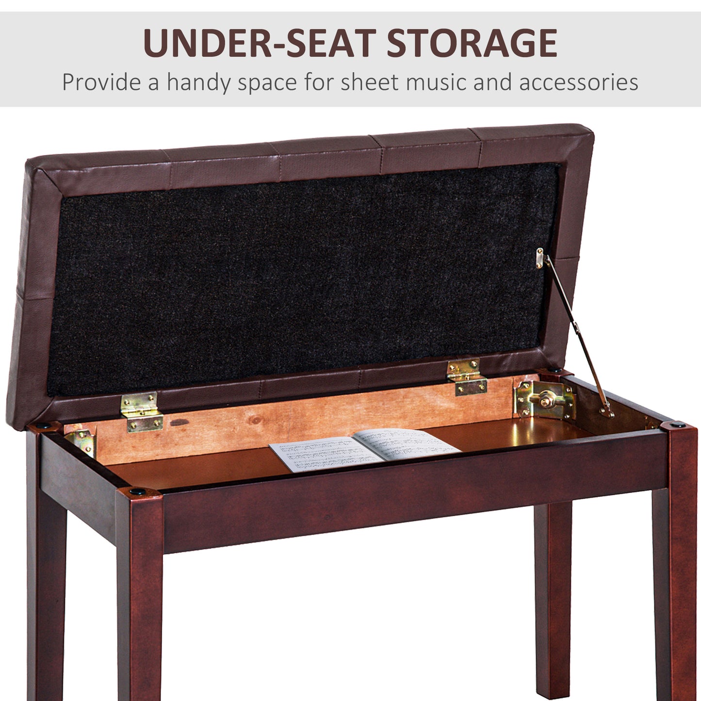 Dark brown faux leather piano bench with open storage compartment