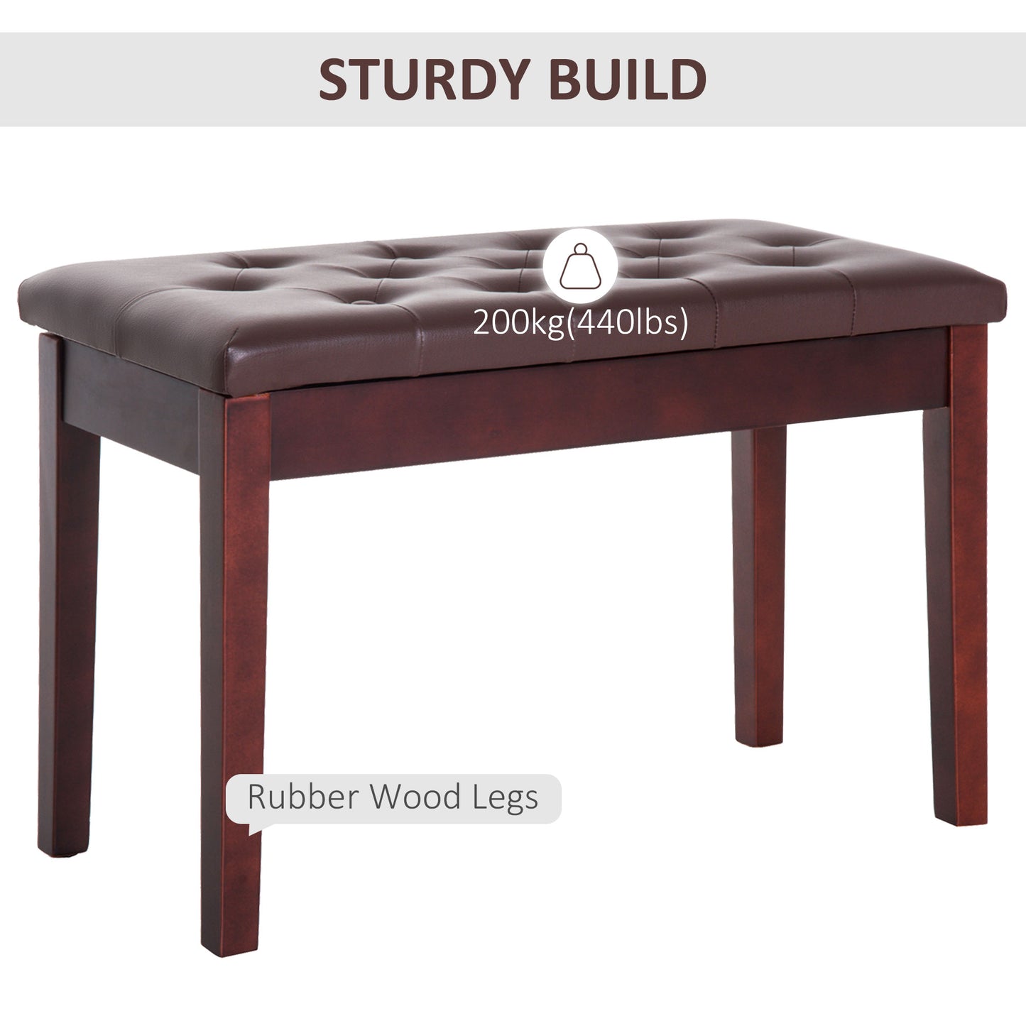 Dark brown faux leather tufted piano bench with sturdy rubber wood legs