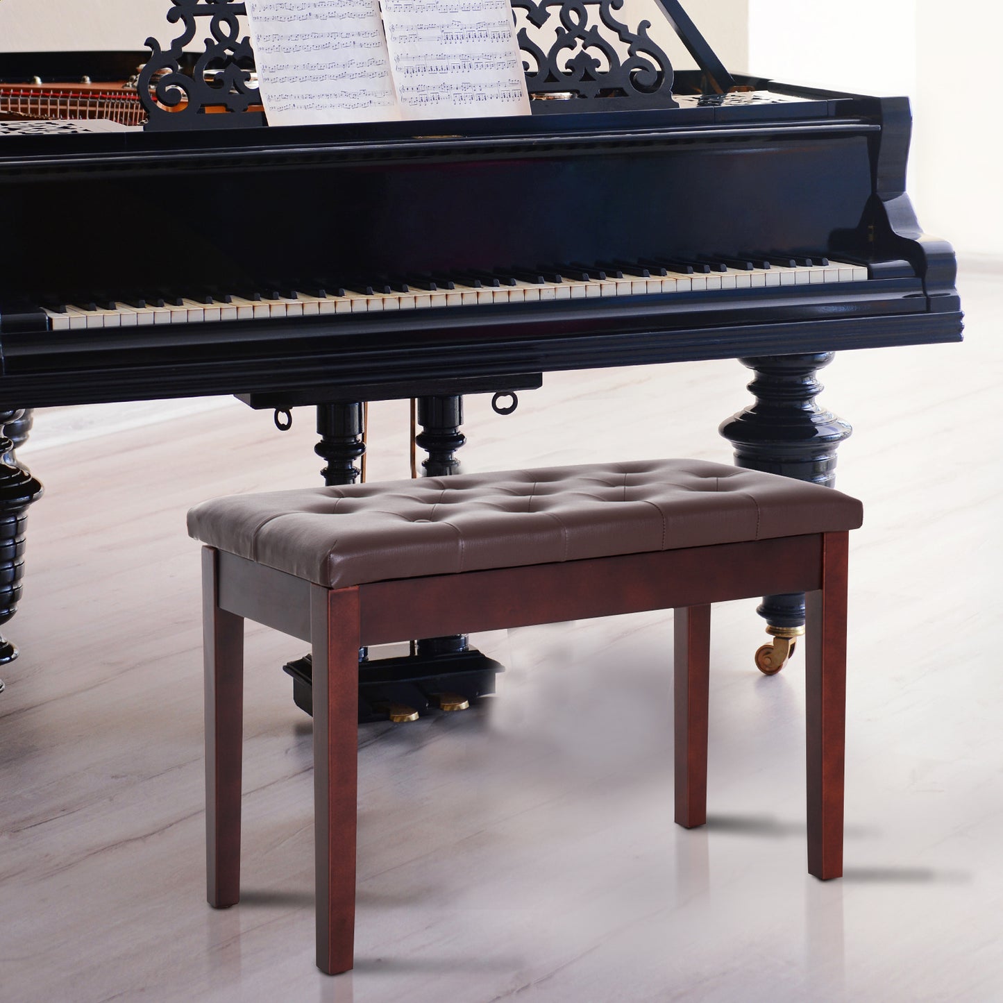 Brown faux leather tufted piano bench with dark wood frame