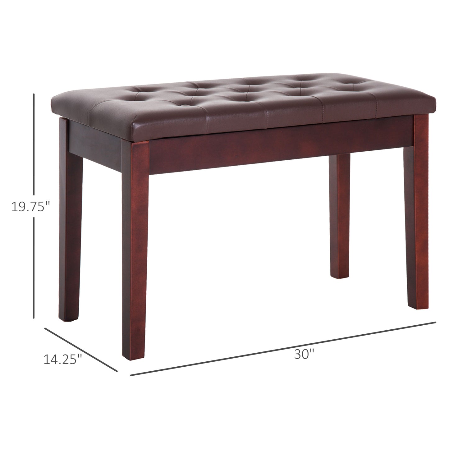 Tufted brown faux leather piano bench with dark wood legs