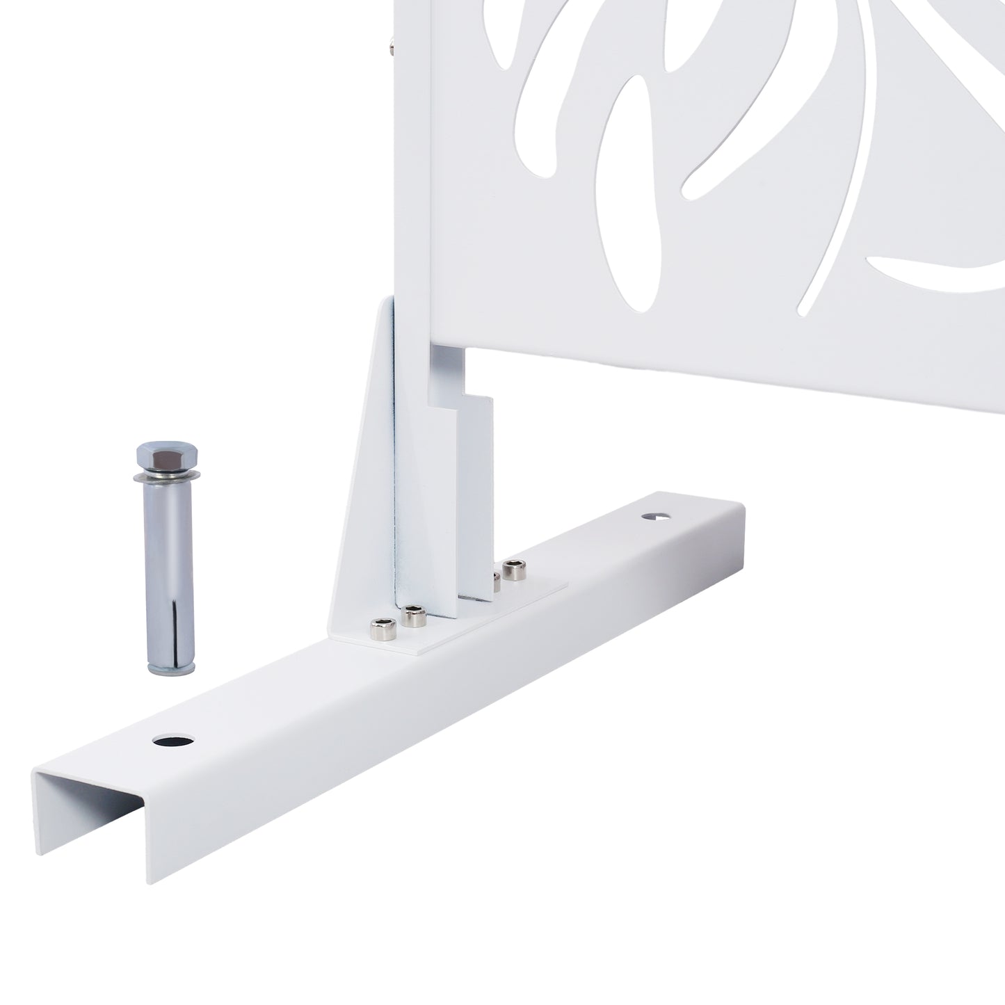 White metal privacy screen panel bracket with leaf cutout design includes wall anchor