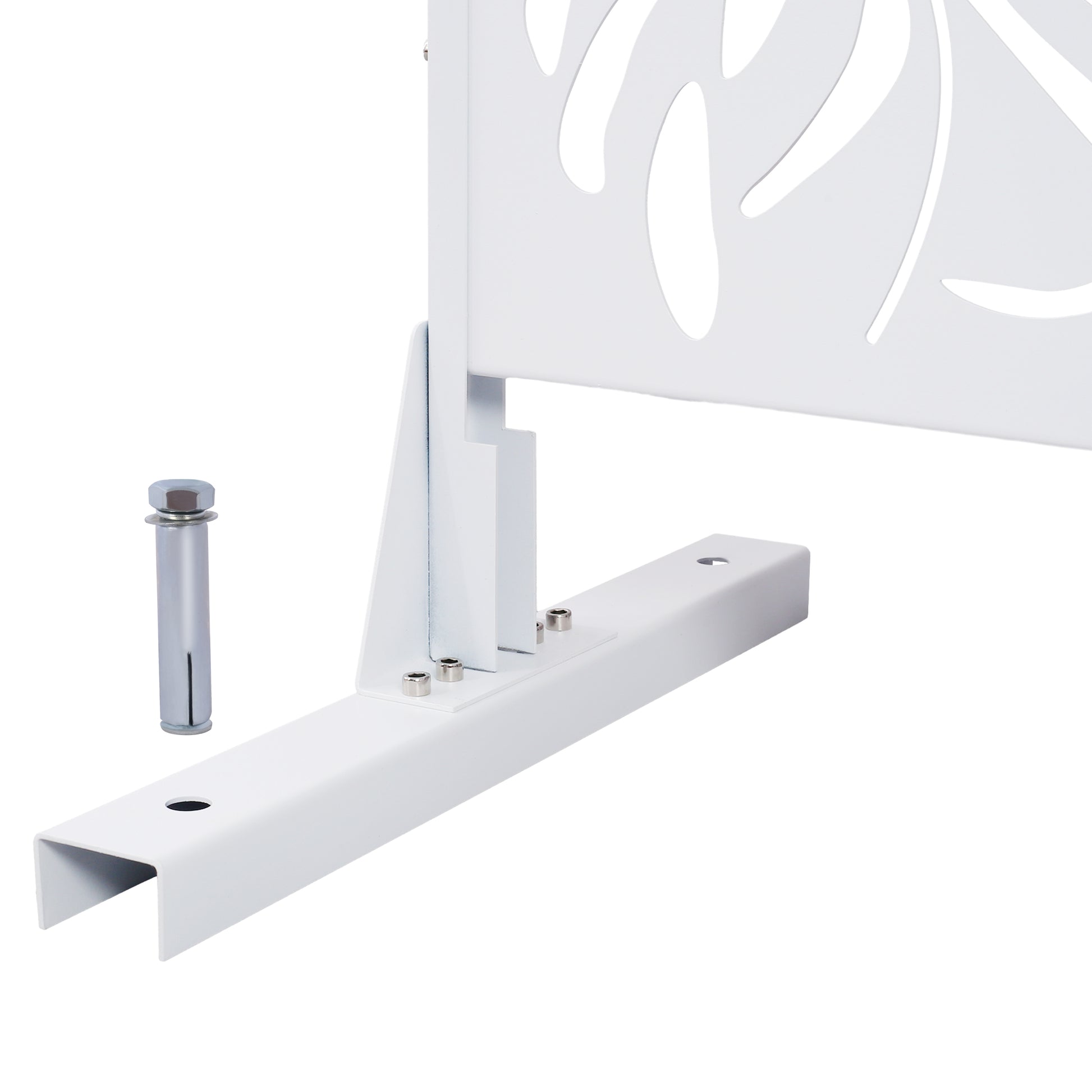 White metal privacy screen panel bracket with leaf cutout design includes wall anchor