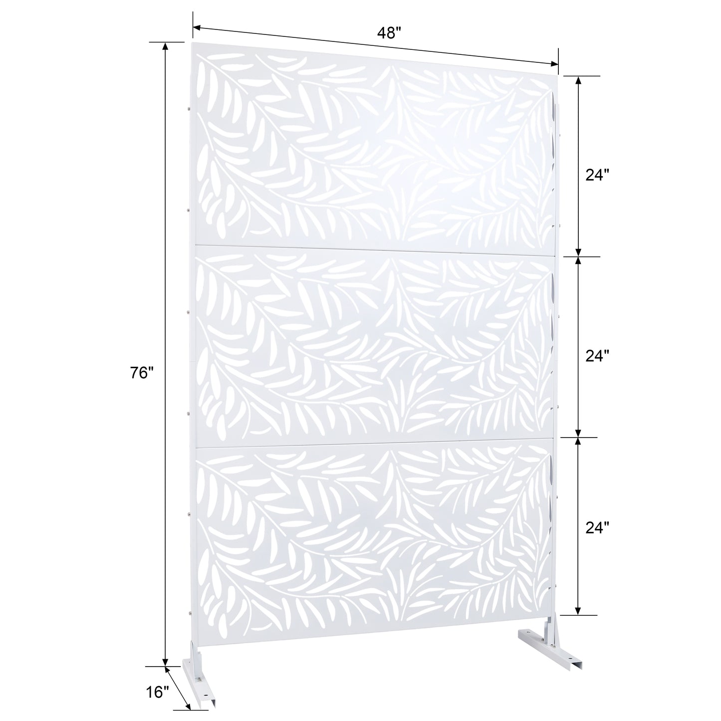 White metal privacy screen with etched leaf design and dimensions displayed