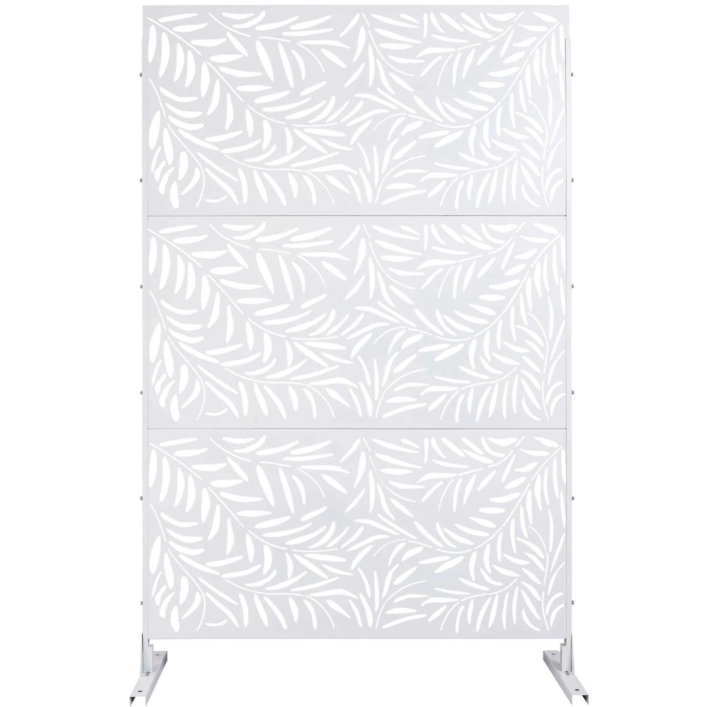 White metal garden privacy screen with delicate white leaf pattern
