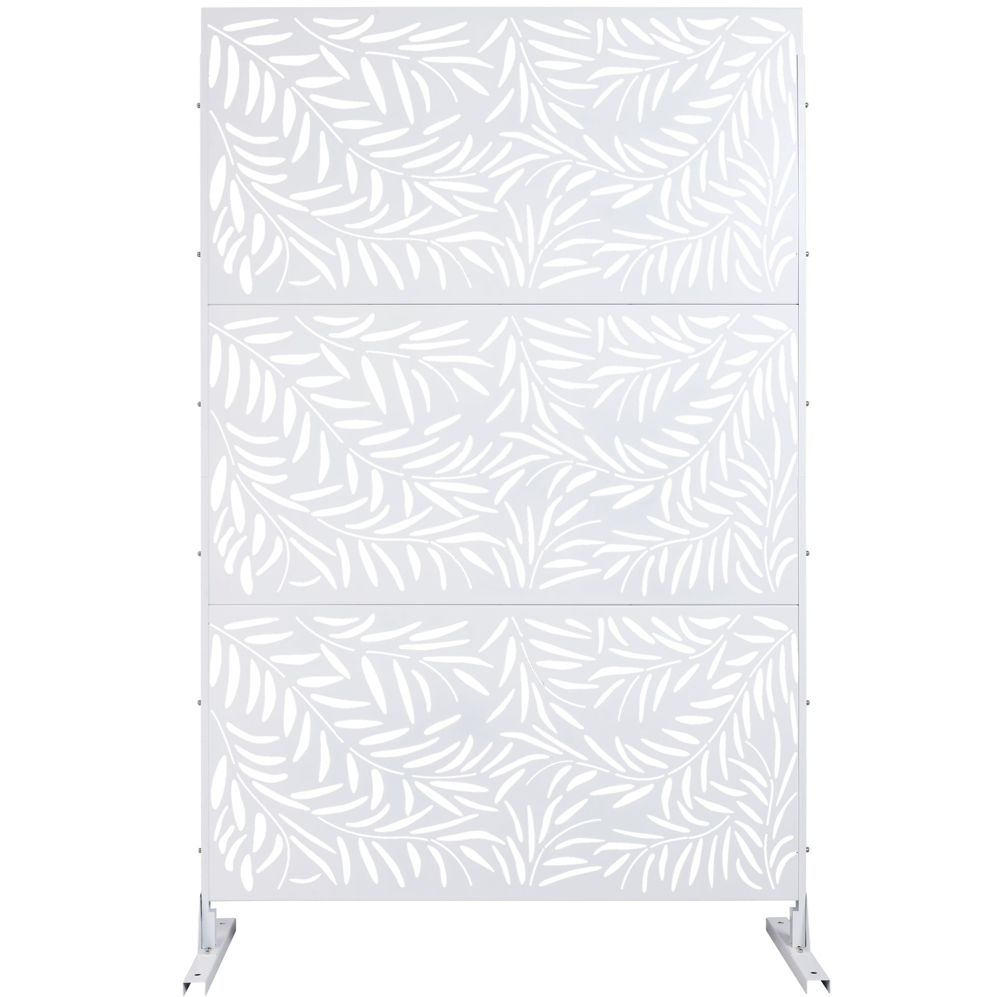 White metal garden privacy screen with delicate white leaf pattern