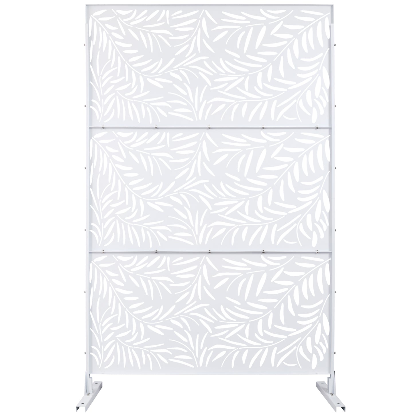 White metal garden screen with a delicate leaf pattern for outdoor privacy